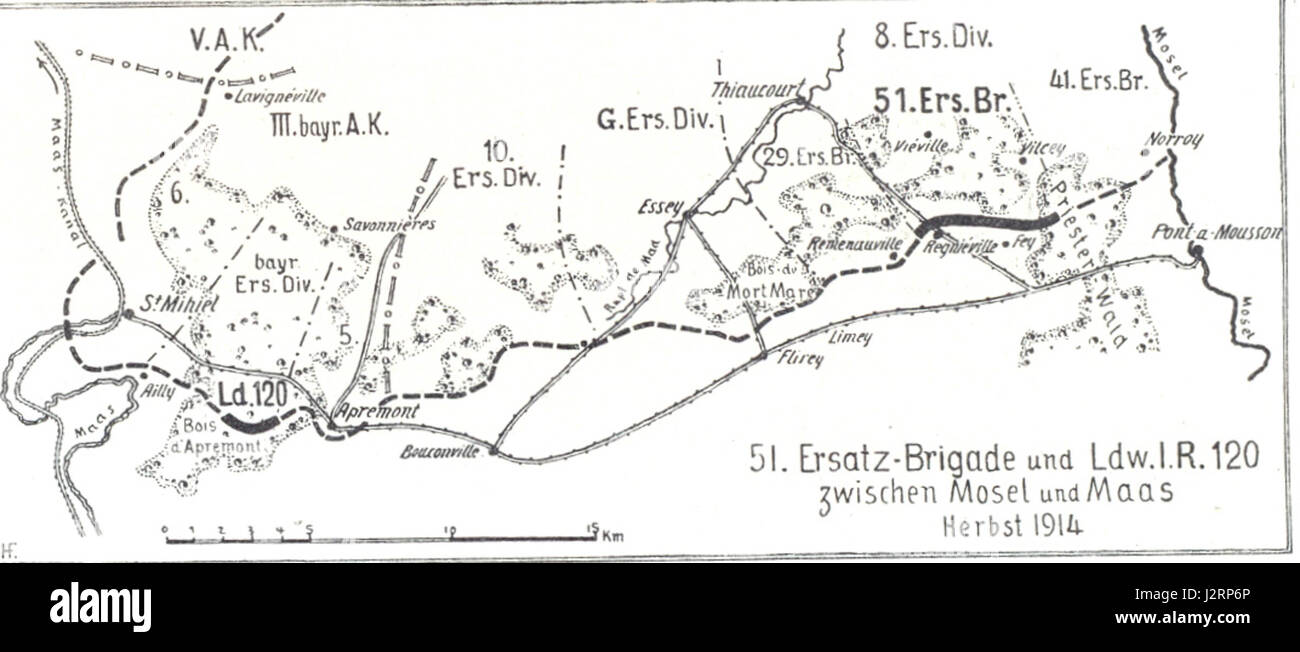 Die 51. Reserve-Brigade war eine militärische Einheit der Deutschen Armee während des Ersten Weltkrieges, die 1914 gegründet wurde. Sie spielte eine wichtige Rolle in mehreren Schlüsselschlachten während des Krieges und trug zu den Kriegsanstrengungen an der Westfront bei. Stockfoto
