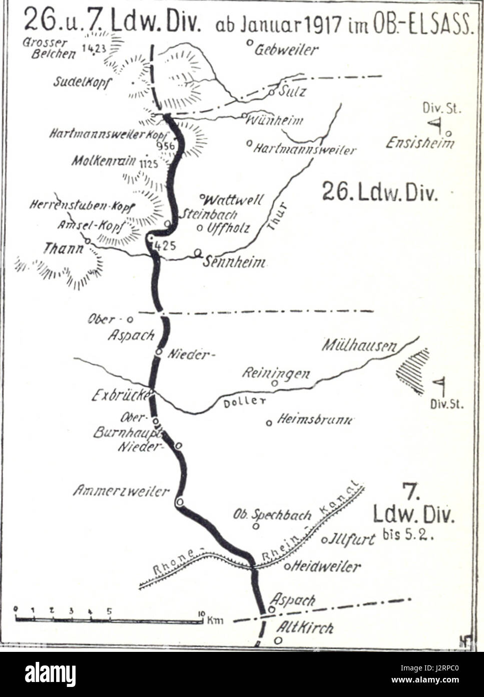 Kartenseiten 71: 26 ID und 7. LDW.D. ab Januar 1917 im Oberelsass, Positionen der 26. Deutschen Infanteriedivision (26 ID) und der 7. Landwehr-Division (7. LDW.D.) Stockfoto