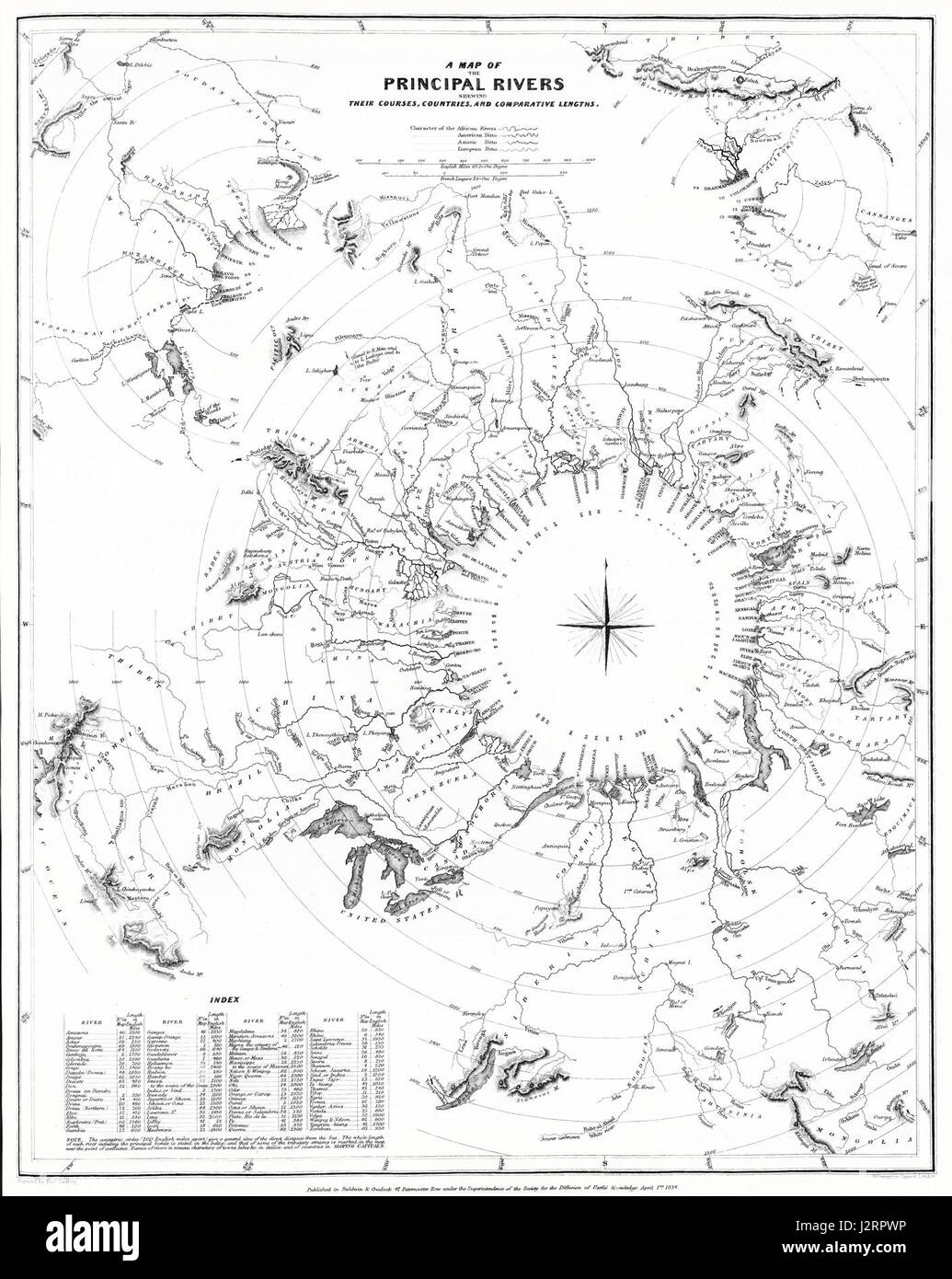 1834 S.D.U.K. vergleichende Karte oder ein Diagramm der Welt große Flüsse - Geographicus - ComparativeRivers-Sduk-1834 Stockfoto