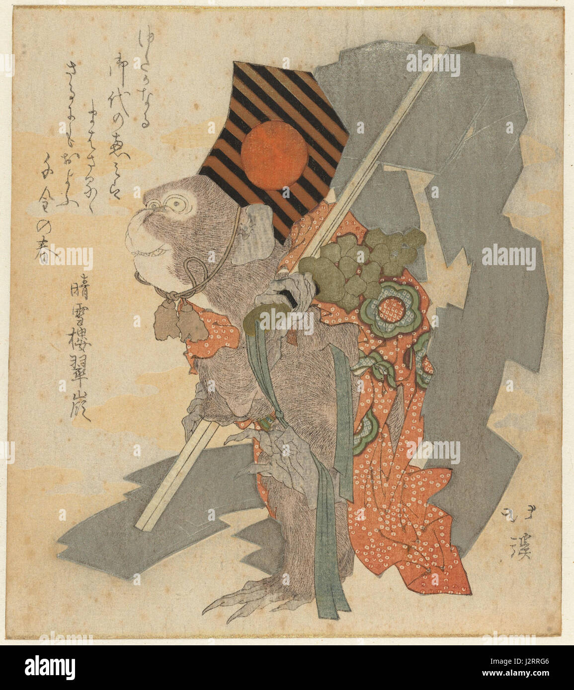 Dieses niederländische Gemälde „AAP Met staf en bellen“ im Rijksmuseum zeigt einen Affen mit Stab und Glocken, der wahrscheinlich eine symbolische oder allegorische Botschaft darstellt. Es ist ein Beispiel für niederländische Barockkunst. Stockfoto