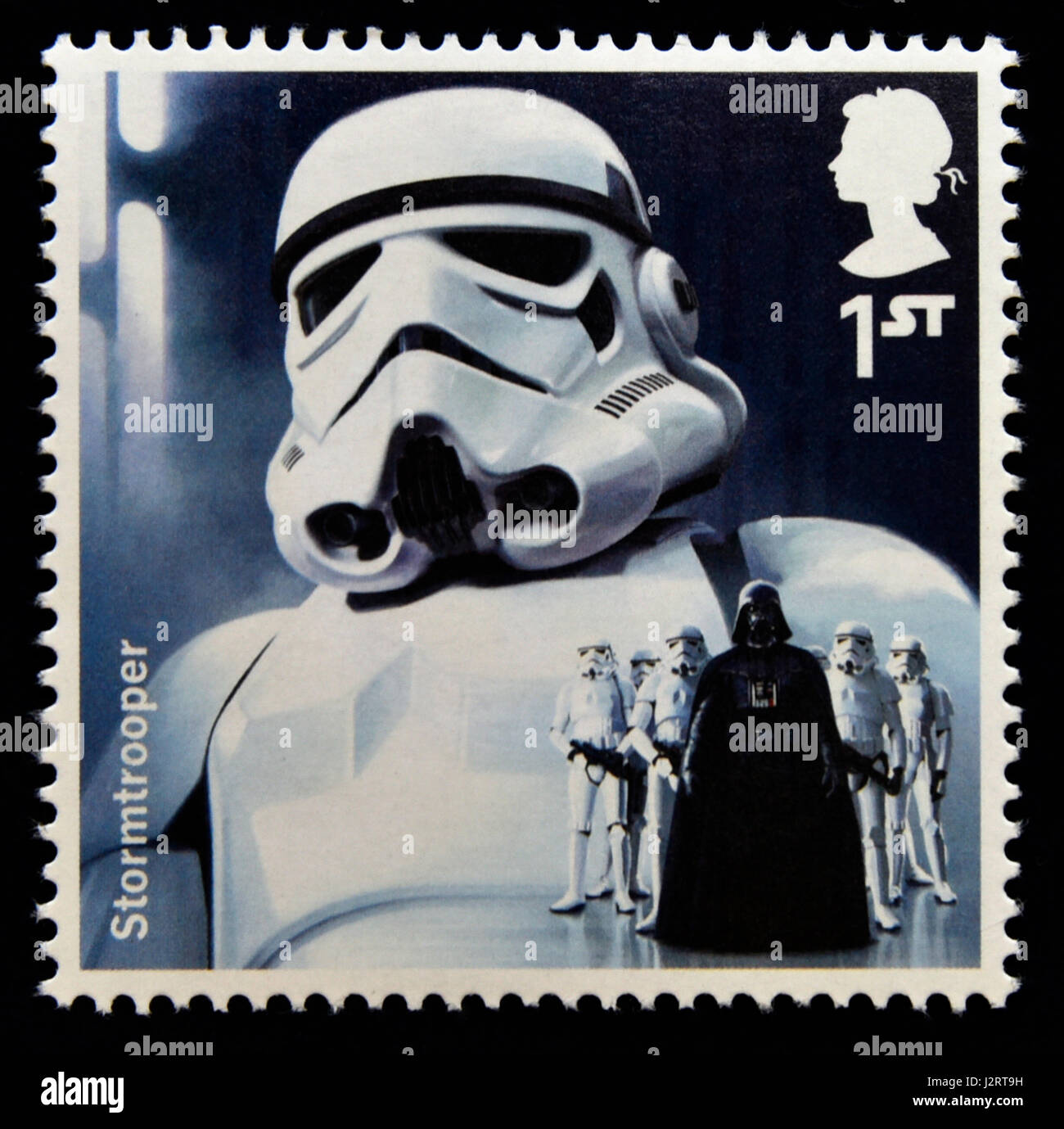 Briefmarke. Great Britain. Königin Elizabeth II. 2015 die Star Wars-Briefmarkensammlung. Zeichen. Stormtrooper. Stockfoto
