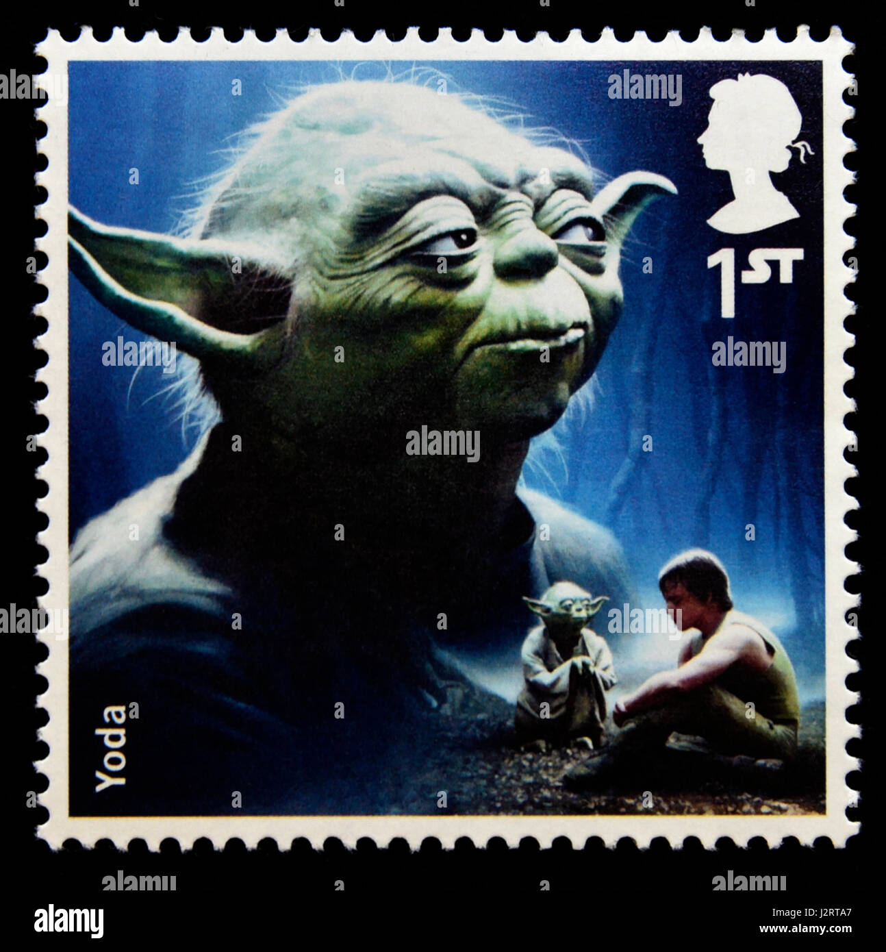 Briefmarke. Great Britain. Königin Elizabeth II. 2015 die Star Wars-Briefmarkensammlung. Zeichen. Yoda. Stockfoto