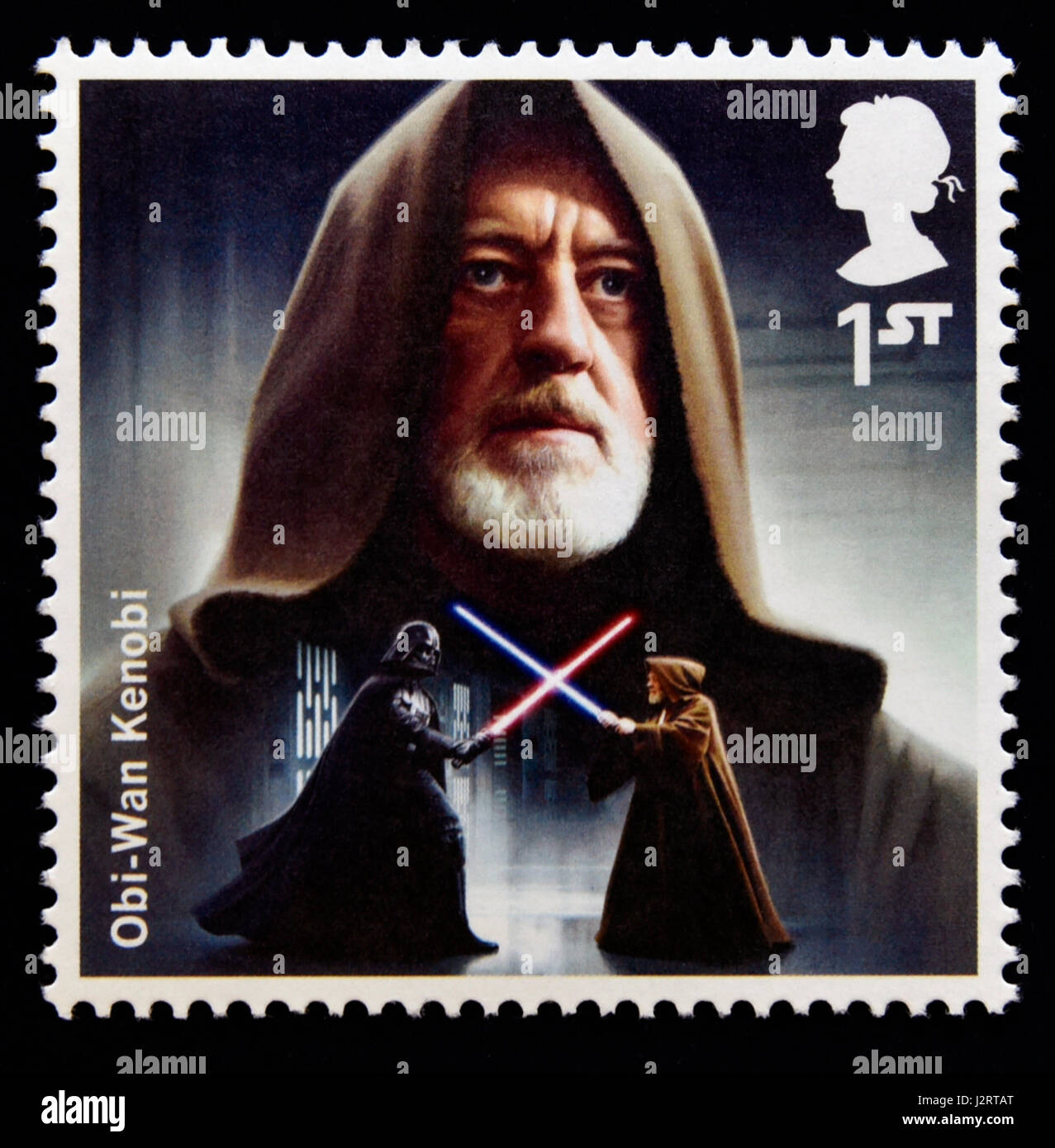Briefmarke. Great Britain. Königin Elizabeth II. 2015 die Star Wars-Briefmarkensammlung. Zeichen. Obi-Wan Kenobi. Stockfoto