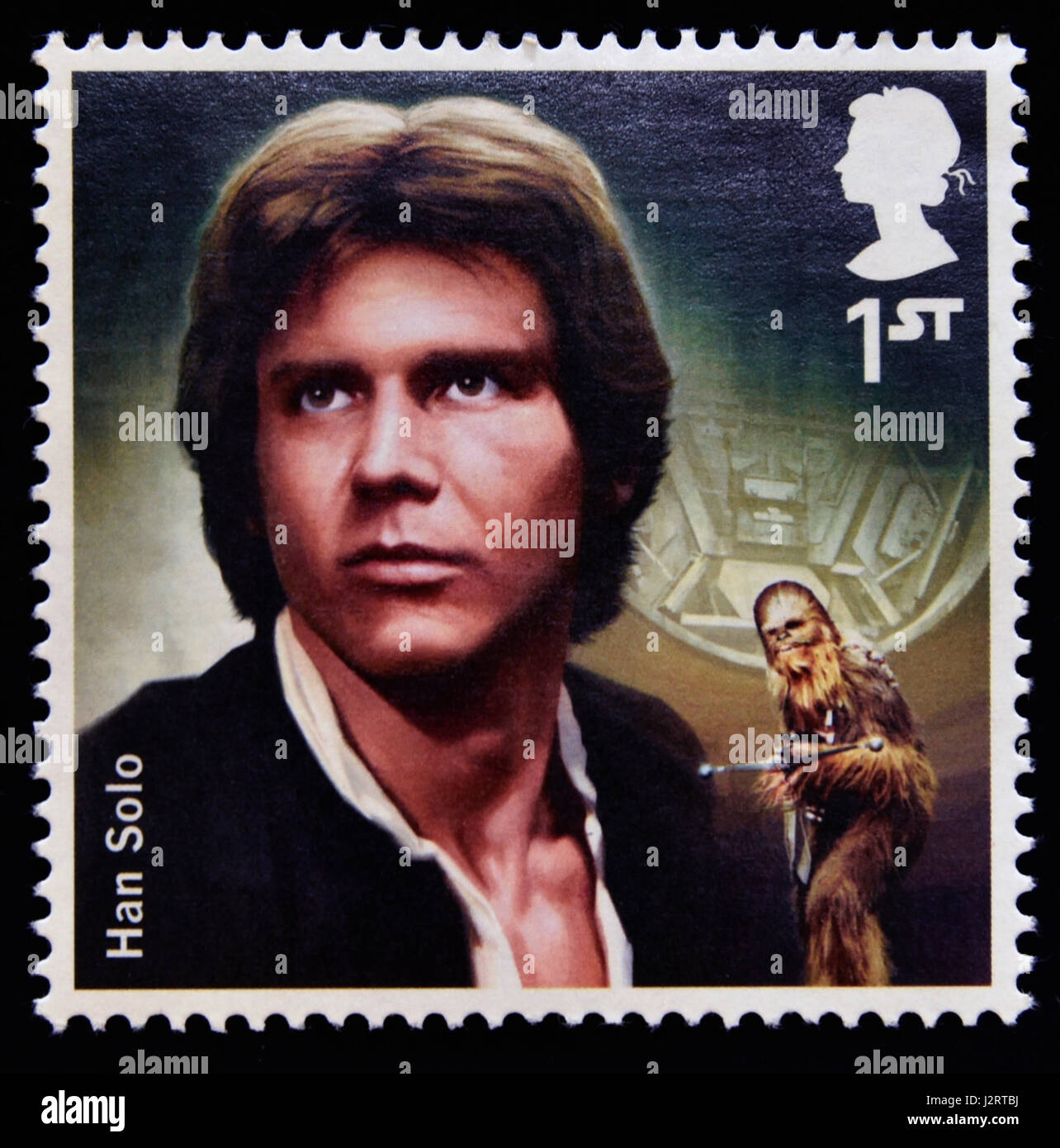 Briefmarke. Great Britain. Königin Elizabeth II. 2015 die Star Wars-Briefmarkensammlung. Zeichen. Han Solo. Stockfoto