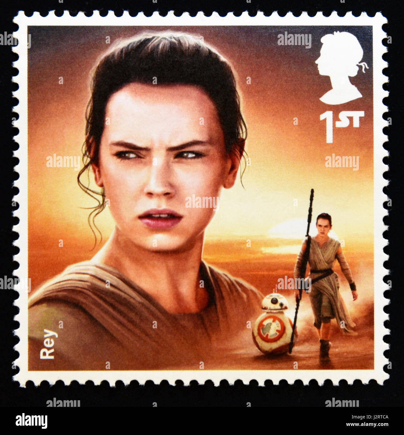 Briefmarke. Great Britain. Königin Elizabeth II. 2015 die Star Wars-Briefmarkensammlung. Zeichen. Rey. Stockfoto
