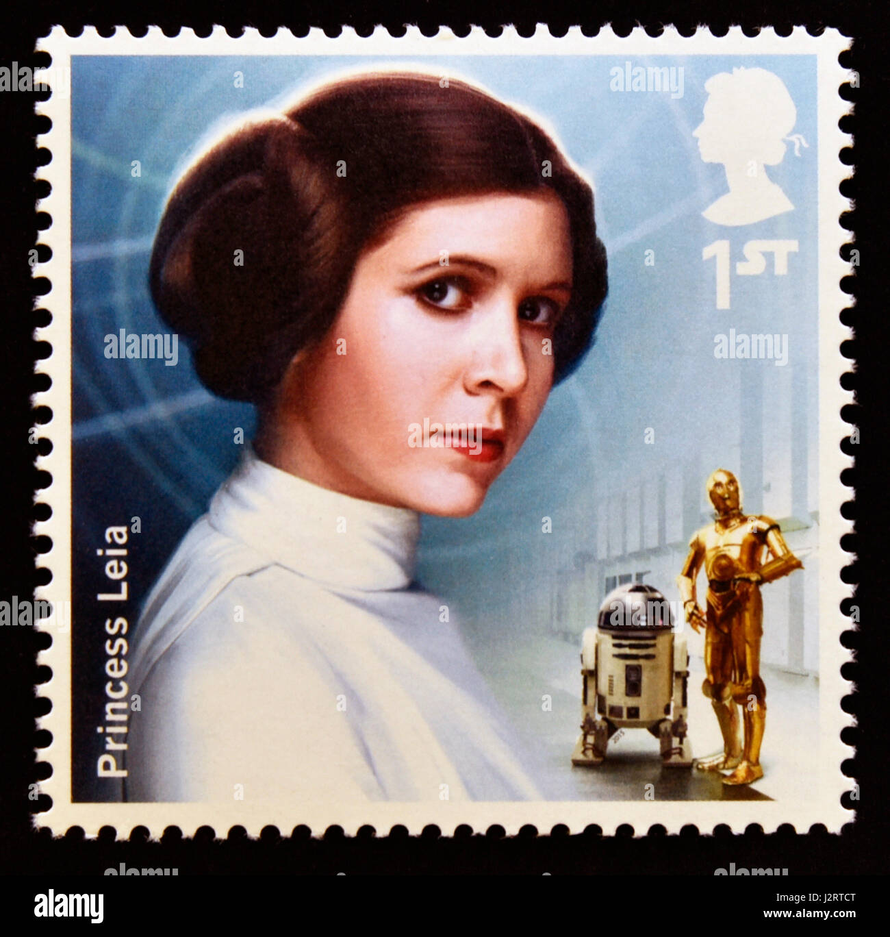 Briefmarke. Great Britain. Königin Elizabeth II. 2015 die Star Wars-Briefmarkensammlung. Zeichen. Prinzessin Leia. Stockfoto