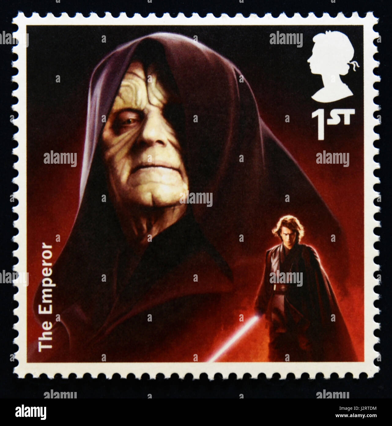 Briefmarke. Great Britain. Königin Elizabeth II. 2015 die Star Wars-Briefmarkensammlung. Zeichen. Der Imperator Palpatine. Stockfoto