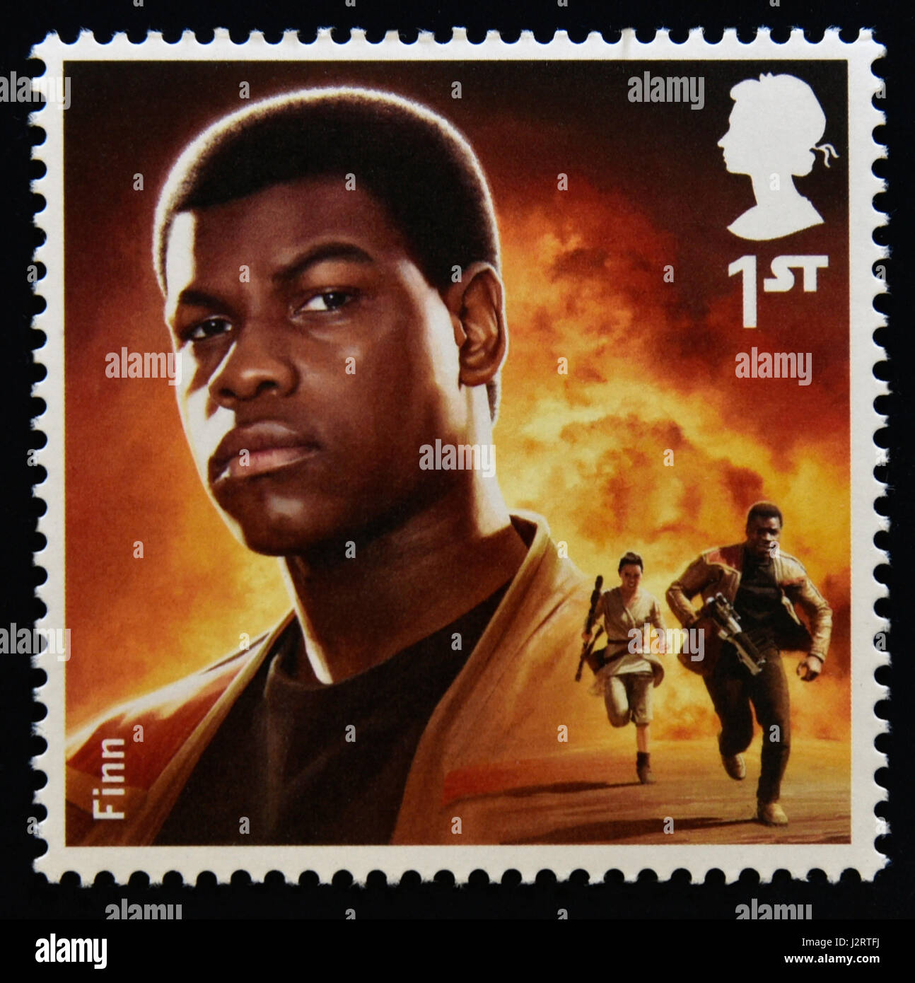 Briefmarke. Great Britain. Königin Elizabeth II. 2015 die Star Wars-Briefmarkensammlung. Zeichen. Finn. Stockfoto