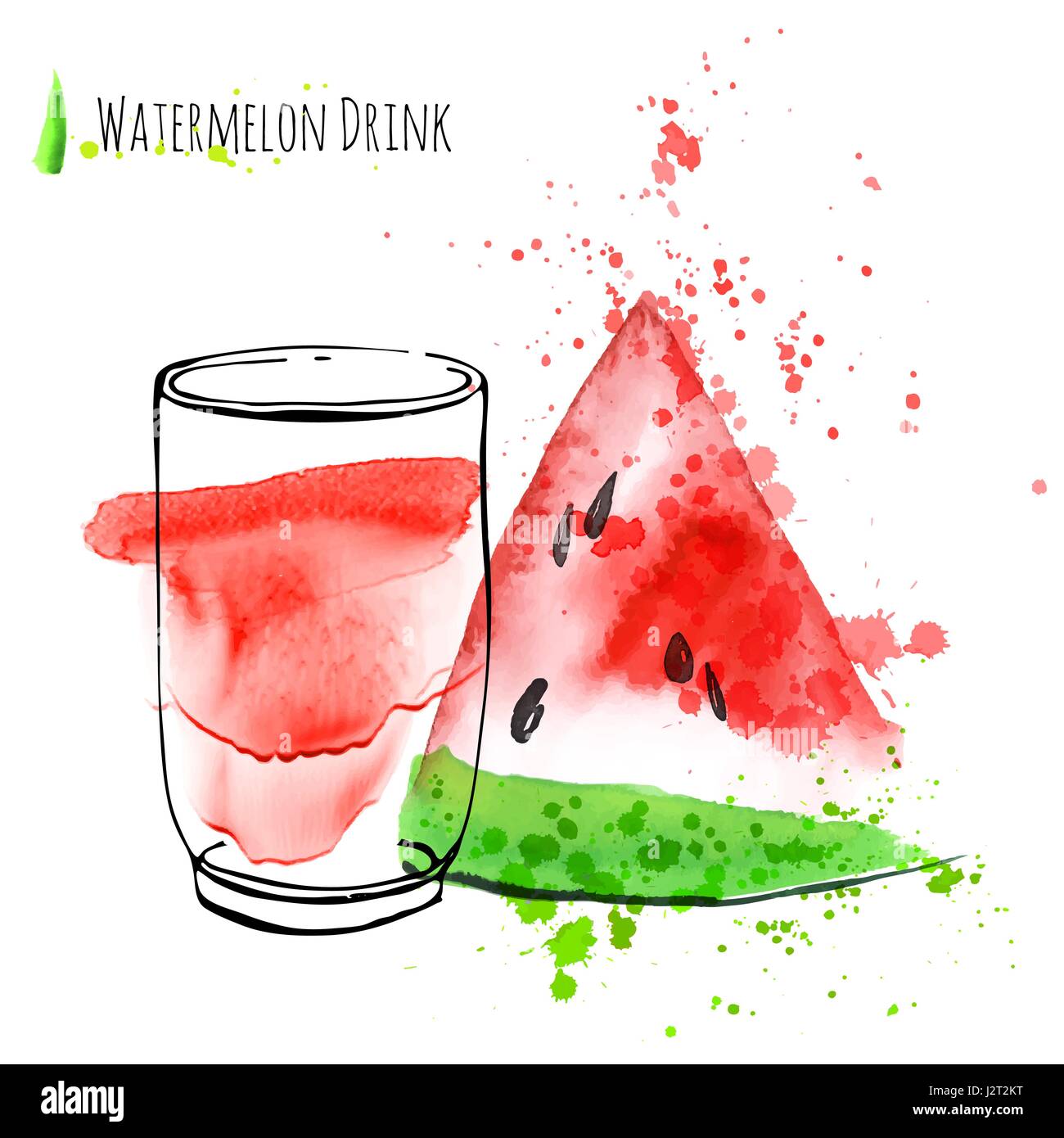 Wassermelonen-Drink mit Scheibe Wassermelone. Frischer Saft im Glas mit Wassermelone Frieden. Aquarell Hand zeichnen Kunstwerk. Stock Vektor