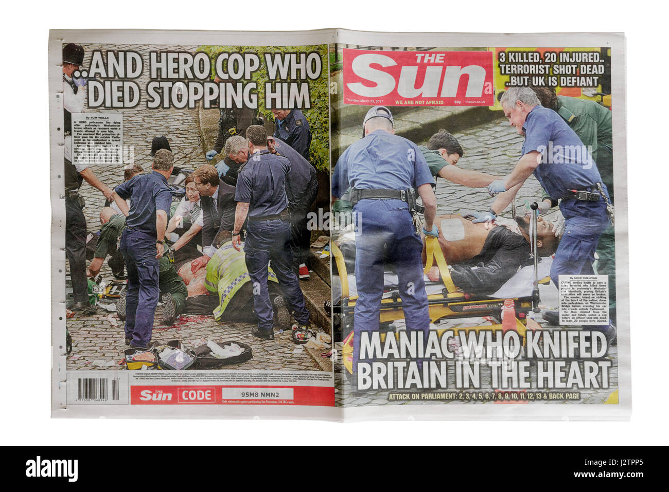 Die Schlagzeilen aus der Zeitung The Sun vom 23. März 2017 nach dem Terrorangriff der Westminster Bridge in London. Stockfoto