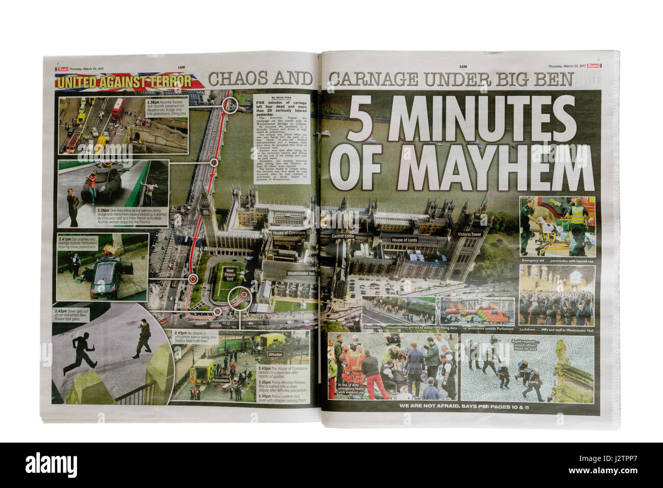 Innen-Seiten von der Zeitung The Sun vom 23. März 2017 nach dem Terrorangriff der Westminster Bridge in London. Stockfoto