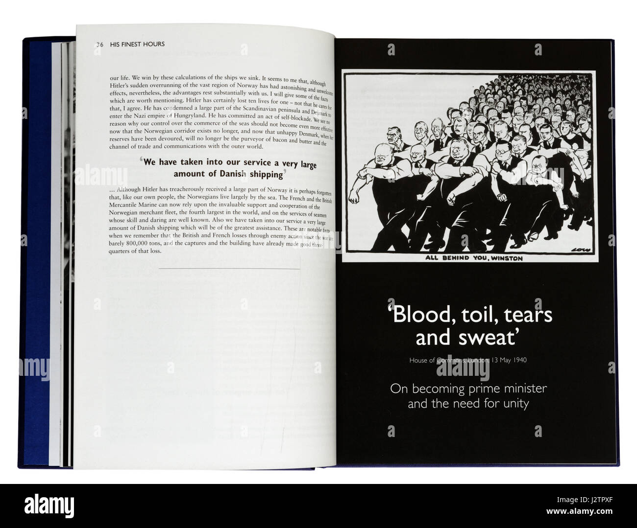 Blut, Mühsal, Tränen und Schweiß: eine Seite aus einem Buch Illustrated Winston Churchills berühmten Krieg reden Stockfoto
