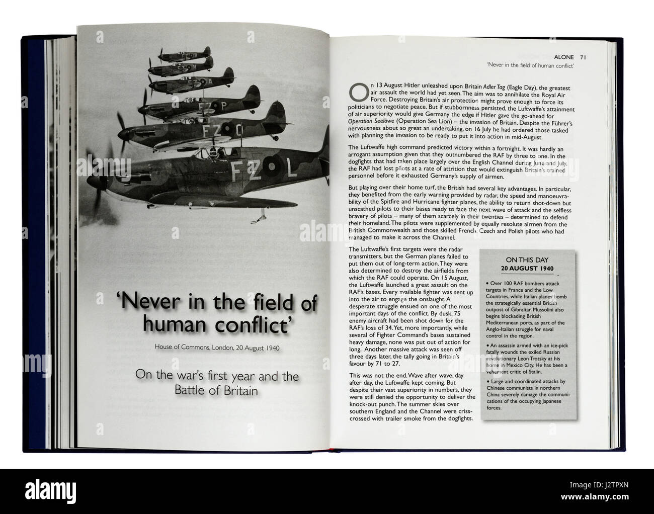 Nie im Bereich des menschlichen Konflikt: eine Seite aus einem Buch Illustrated Winston Churchills berühmten Krieg reden. Die legendäre 'The Few' Rede Stockfoto