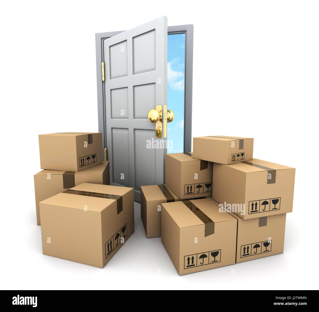 Viele Kartons für Umzug und Tür. 3D illustration Stockfoto