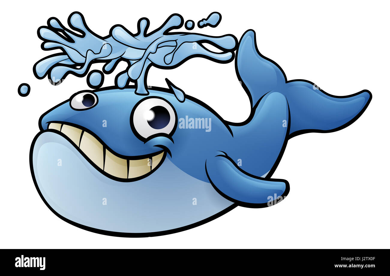 Ein Beispiel für eine Wal-Cartoon-Figur spritzt Wasser aus seinem Schlag Loch Stockfoto