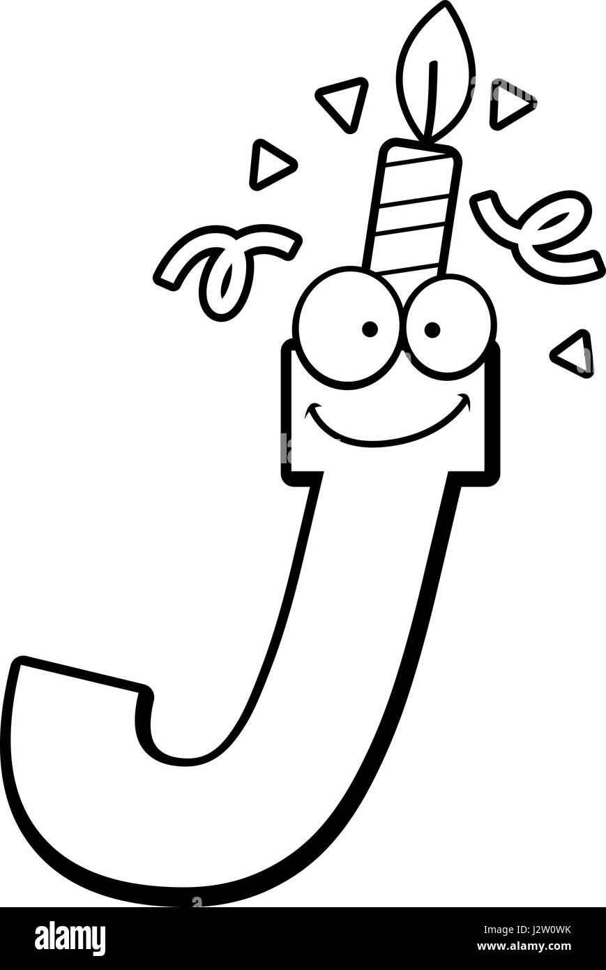 Eine Karikatur Illustration eines Briefes J mit einem Geburtstag Kerze und Konfetti. Stock Vektor