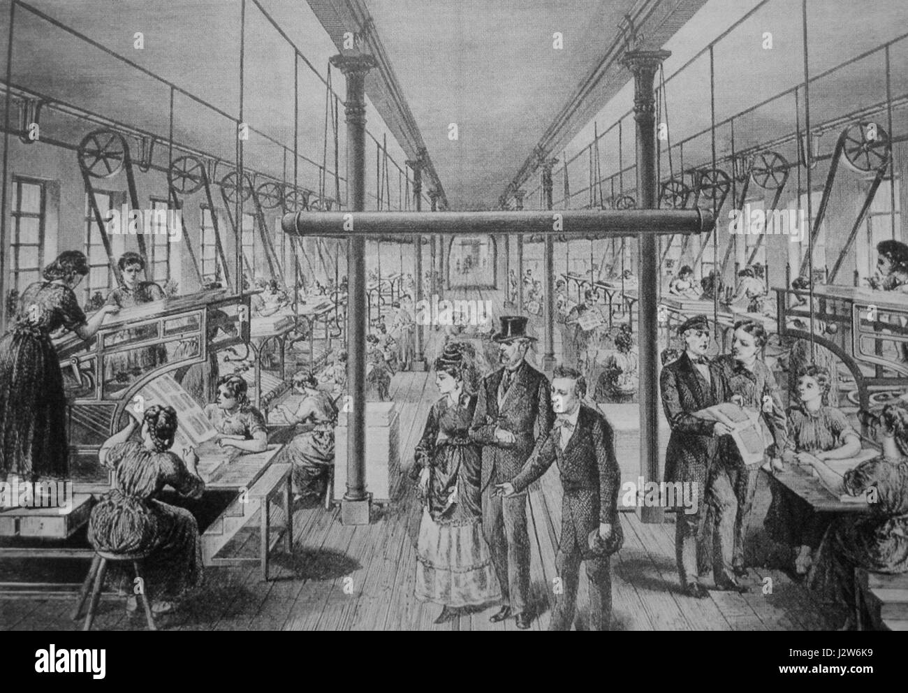 Die *1870 Druckerei Brockhaus* bezieht sich auf die Druckerei des Brockhaus, eines bedeutenden deutschen Verlags. Dieser historische Druck zeigt die Druckindustrie und ihren Einfluss auf Medien und Literatur im späten 19. Jahrhundert. Stockfoto