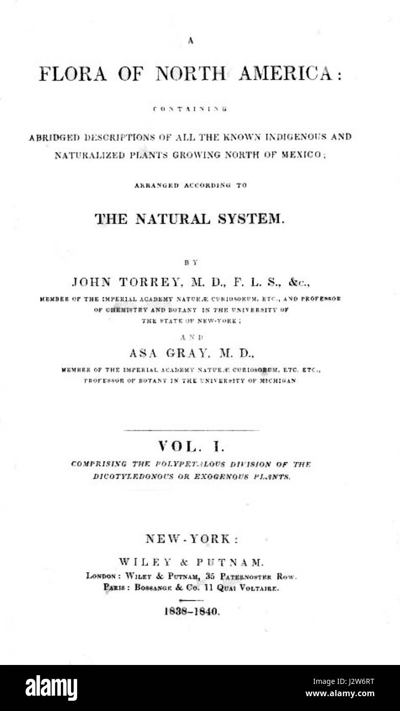 Die Titelseite von „A Flora of North America“, die 1838 veröffentlicht wurde, stellt die Einführung in ein bedeutendes botanisches Werk dar, das die Pflanzenwelt des Kontinents detailliert beschreibt. Es ist ein wichtiger Text in der nordamerikanischen botanischen Geschichte. Stockfoto