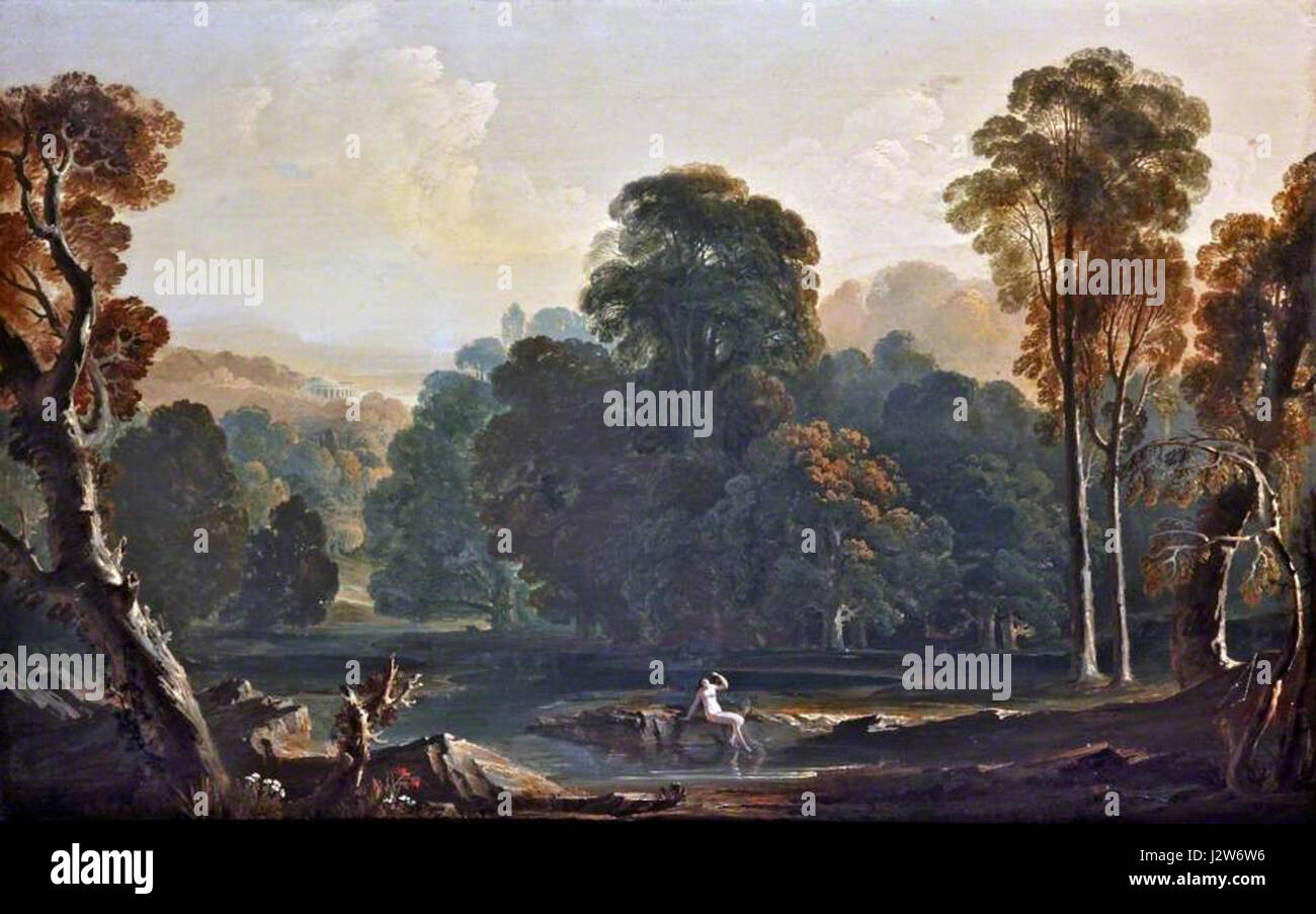 Diese Landschaftskomposition von John Martin aus dem Jahr 1823 ist ein eindrucksvolles Beispiel der Romantik in der Kunst. Das Stück hebt Martins dramatische Nutzung von Licht und Schatten hervor, um das Erhabene in der Natur zu vermitteln und die Intensität und emotionale Tiefe der Landschaft einzufangen. Stockfoto