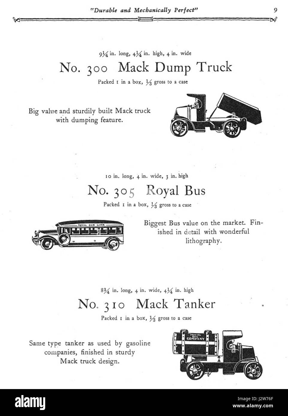 Seite 9 aus dem Marx Mechanical Toys Catalog 1930, in dem verschiedene mechanische Spielzeuge der Louis Marx and Company vorgestellt werden. Der Katalog enthält Illustrationen und Beschreibungen von Spielzeug, das im frühen 20. Jahrhundert beliebt war, und spiegelt die Herstellungs- und Designtrends dieser Zeit wider. Stockfoto
