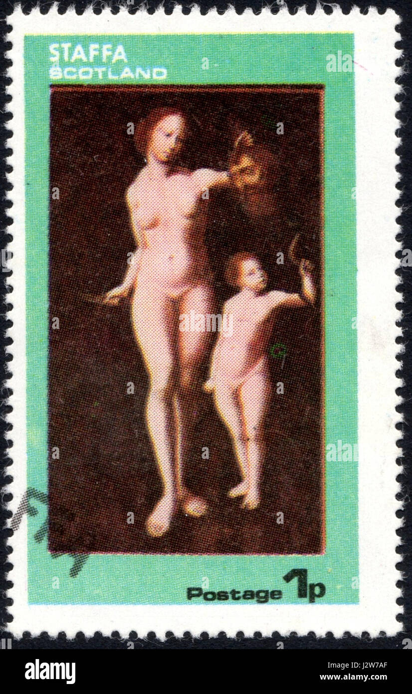 Die gefälschte 1p-Briefmarke von Staffa ist eine gefälschte Briefmarke, die offizielle Briefmarken von der Insel Staffa nachahmt, die sich in den Inneren Hebriden Schottlands befindet. Diese Briefmarken, die oft als Neuheiten hergestellt werden, gelten nicht für den Versand, sind aber aufgrund ihres einzigartigen Designs und ihrer historischen Bedeutung bei Philatelisten und Sammlern interessant. Stockfoto