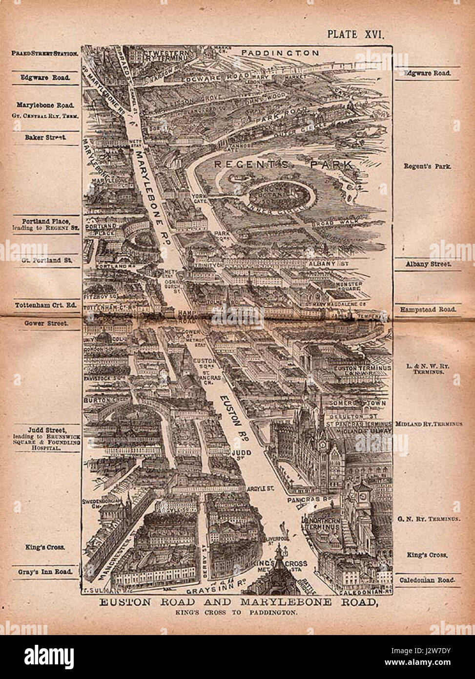 Diese Karte aus dem Jahr 1918 zeigt die Euston Road und die Marylebone Road, die sich von King's Cross bis Paddington in London erstrecken. Die Karte zeigt die wichtigsten Straßen, Sehenswürdigkeiten und Verkehrswege des frühen 20. Jahrhunderts und bietet einen historischen Überblick über die Stadtentwicklung im Zentrum Londons. Stockfoto