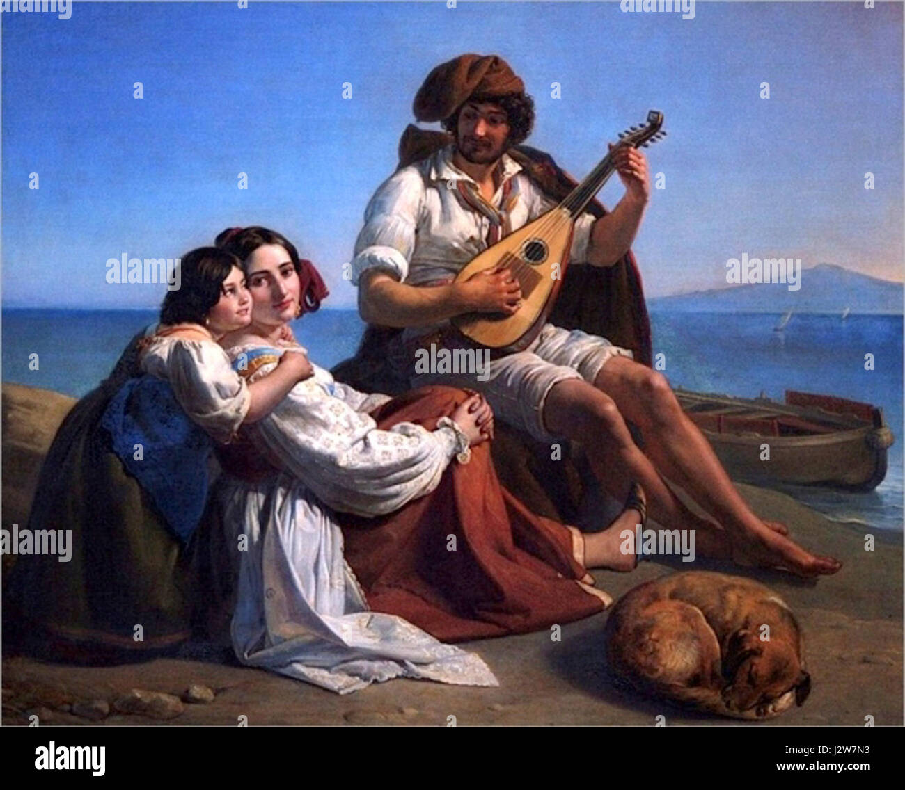 Diese Darstellung bezieht sich wahrscheinlich auf einen Musiker, der entlang der Küste von Neapel auftritt, bekannt für sein reiches kulturelles und musikalisches Erbe. Die Küstenregion war eine Quelle der Inspiration für viele Künstler und Musiker. Stockfoto