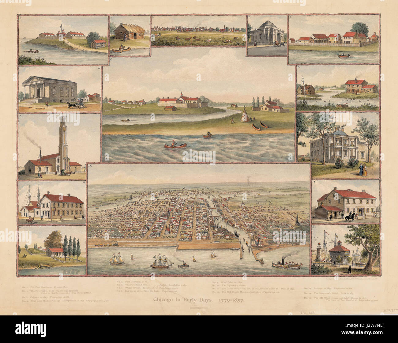 Dieses Bild aus dem Buch *1893 Chicago in Early Days* von Kruz und Allison fängt die frühe Entwicklung Chicagos ein und zeigt seine historischen Wahrzeichen und das Wachstum der Stadt während des späten 19. Jahrhunderts. Stockfoto