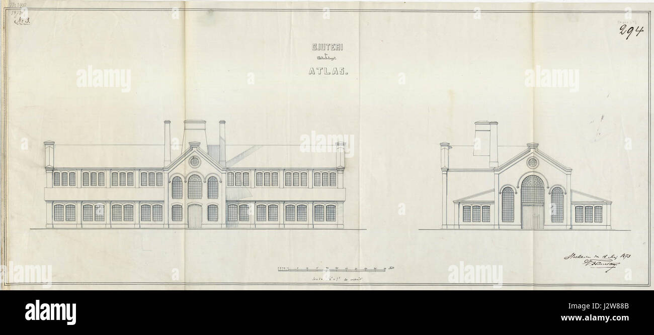 Ab Atlas, ein 1873 gegründetes Unternehmen, erstellte detaillierte Zeichnungen und Pläne für den Gießbetrieb (Gjuteri). Das Unternehmen war im 19. Jahrhundert in der industriellen Produktion tätig, vor allem im Bereich des Metallgusses. Stockfoto