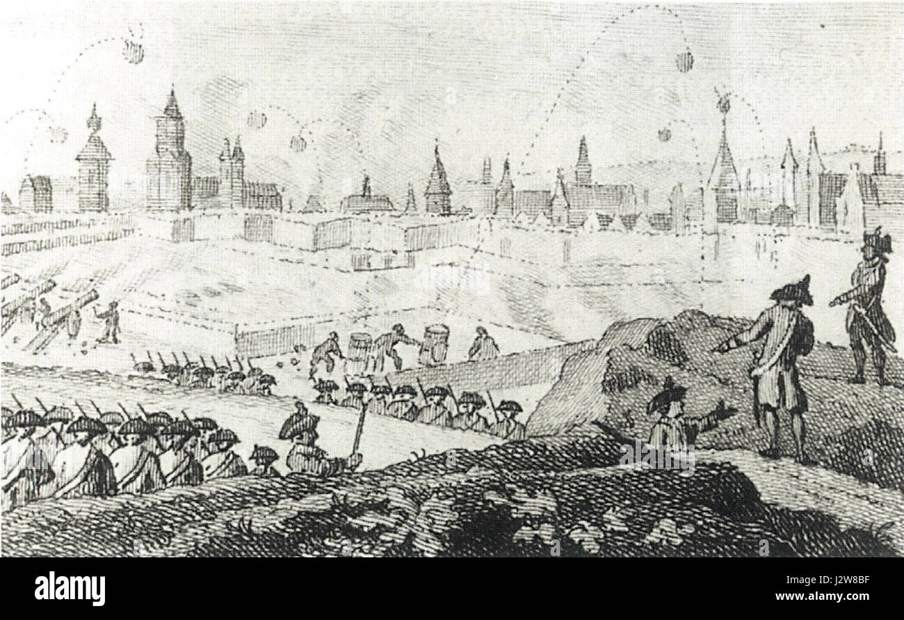 Dieser Titel bezieht sich auf die Belagerung von Maastricht aus dem Jahr 1793, wie er 1795 in einem Werk von J. Buys dargestellt wurde. Die Belagerung war Teil der größeren Französischen Unabhängigkeitskriege, in denen die Stadt Maastricht ein wichtiges militärisches Ziel war. Stockfoto