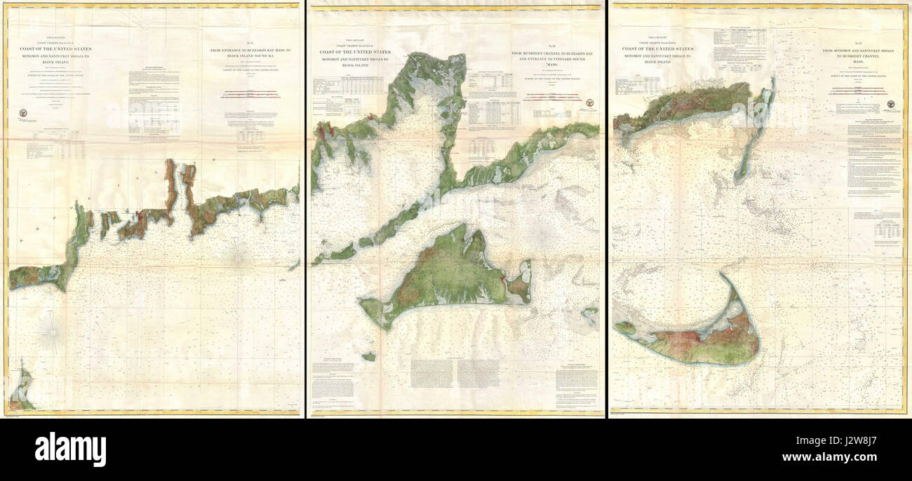 1860 US Coast Survey Karte Block Island, Mäusebussard Bay, Nantucket und Marthas Vineyard - Geographicus - MarthasVineyardNantucket-Uscs-1860 Stockfoto