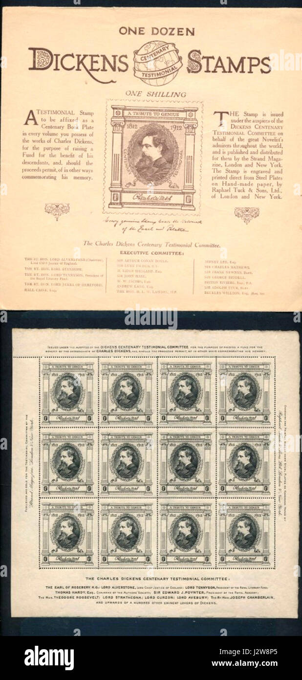 1912 Charles Dickens hundertjährigen Plakat Briefmarken mit Umschlag Stockfoto