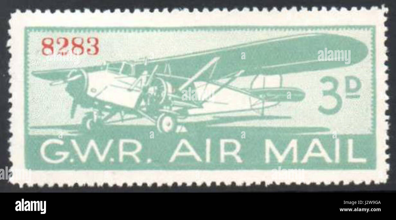 Die Great Western Railway Airmail Stamp von 1933 wurde zum Gedenken an die Postdienste der Eisenbahn herausgegeben. Es zeigt eine Illustration eines Flugzeugs im Flug, mit auffälliger Typografie, die das ikonische Thema der Luftpost und die Postgeschichte der Epoche zeigt. Dieser Stempel ist bedeutend für Philatelisten und diejenigen, die sich für Luftfahrtgeschichte interessieren. Stockfoto