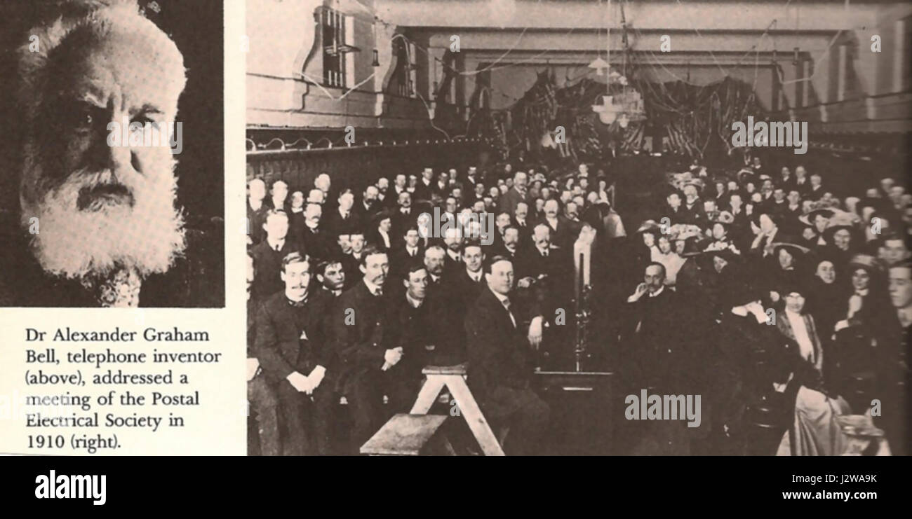 Dieser Verweis bezieht sich auf einen Vortrag von Alexander Graham Bell im Jahr 1910 bei der TSA (wahrscheinlich The Telephone Society of America), der Aufschluss über die Fortschritte in der Telekommunikation und Bells Beiträge zu diesem Bereich gab. Stockfoto