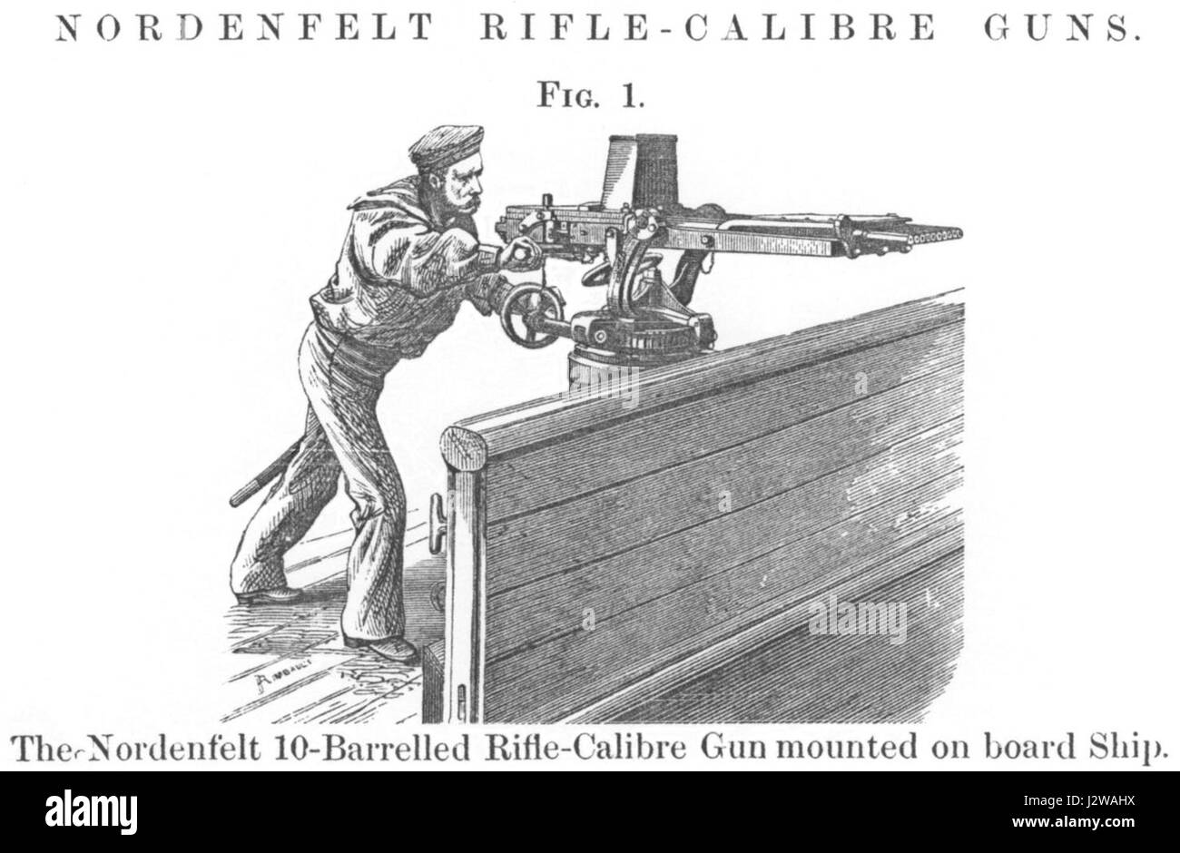 Die 10-Barrel-Nordenfelt-Kanone war eine Art Schnellfeuerwaffe, die im späten 19. Jahrhundert in der Seekriegsführung eingesetzt wurde. Er wurde für Nahkampfkämpfe konzipiert und zur Torpedoabwehr auf Kriegsschiffen montiert. Die Kanone hatte zehn Fässer, was es ihr ermöglichte, mehrere Schüsse in schneller Folge abzufeuern, was ihre Effektivität in Seeschlachten erhöhte. Diese Waffe spielte während dieser Zeit eine Schlüsselrolle bei der Verteidigung der Marine. Stockfoto