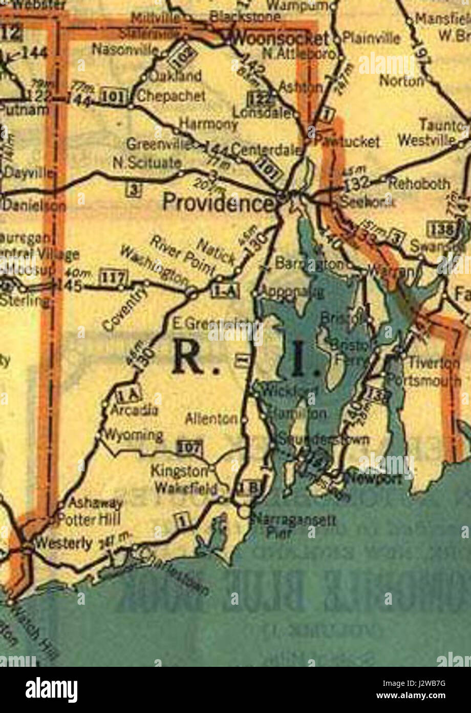 Eine historische Straßenkarte aus Rhode Island, USA, aus dem Jahr 1925, die wichtige Routen und Infrastruktur der Zeit zeigt. Stockfoto
