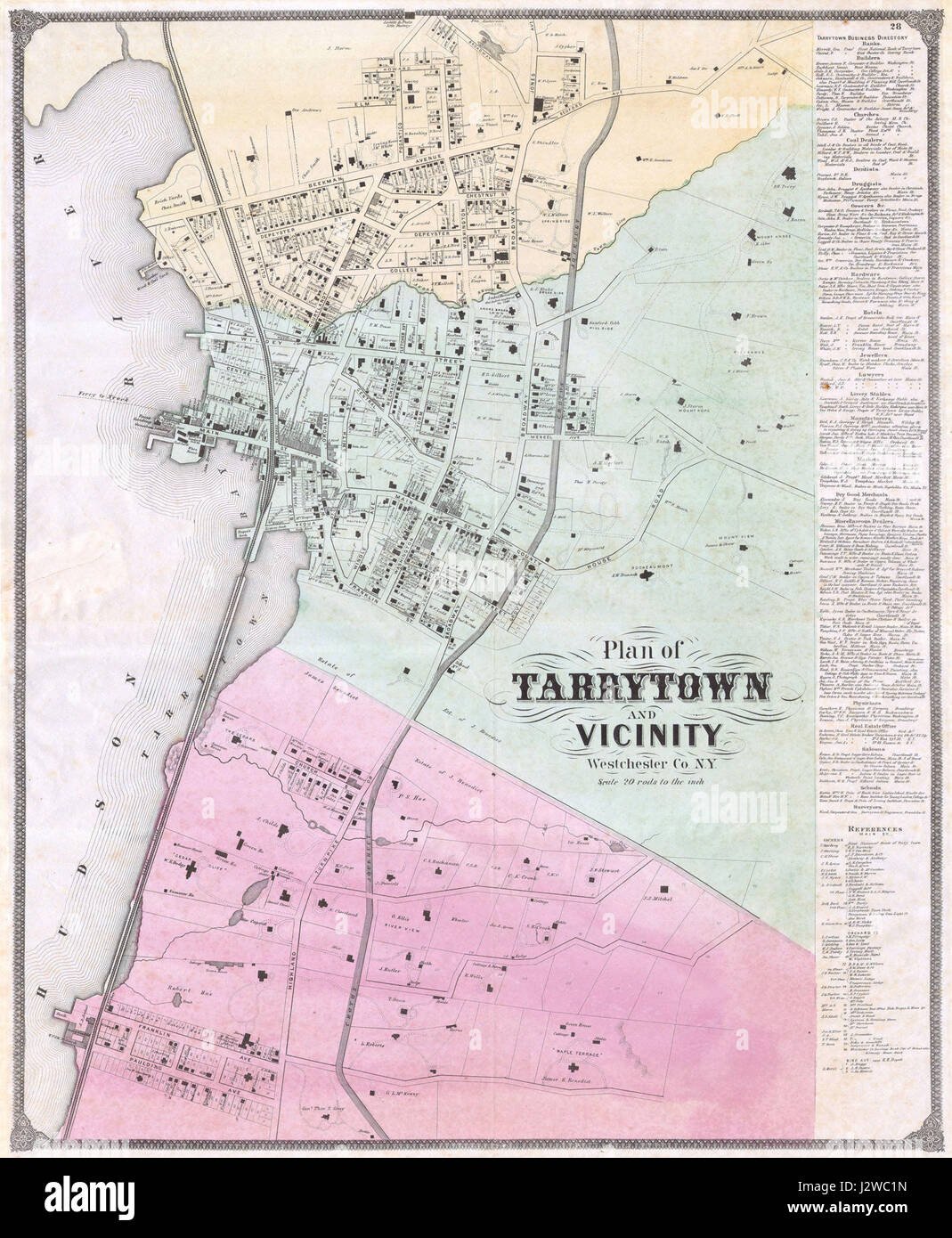 Diese 1868 von Beers erstellte Karte von Tarrytown (Sleepy Hollow) in New York bietet einen detaillierten Blick auf die Gegend während des 19. Jahrhunderts. Es zeigt Straßen, Gebäude und Wahrzeichen und bietet einen Einblick in die frühe Grundrissgestaltung und Entwicklung der Stadt während der Zeit nach dem Bürgerkrieg. Stockfoto