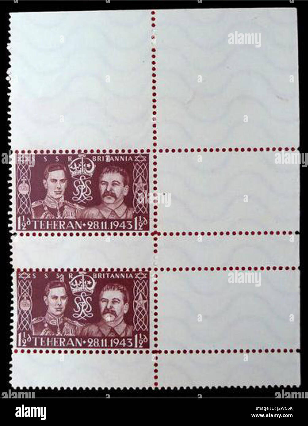 Dieser deutsche Propagandaparodiestempel von 1944 spiegelt die satirischen und kritischen Aspekte der Kriegspropaganda wider. Sie bietet Einblick in die Wahrnehmung und Reaktion der Öffentlichkeit auf Regierungsbotschaften während des Zweiten Weltkriegs. Stockfoto