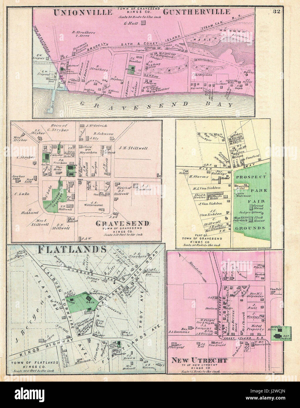 Die Beers Map 1873 bietet eine detaillierte geografische Darstellung der Gebiete in Brooklyn, New York City, einschließlich Gravesend, Flatlands, New Utrecht, und Unionville. Es bietet historische Einblicke in die städtische Entwicklung des cityÂ im 19. Jahrhundert. Stockfoto