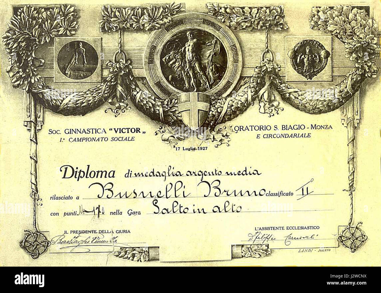 1927-Bruno-Busnelli-Diploma-Salto-in-Alto-Ginnastica-Victor Stockfoto