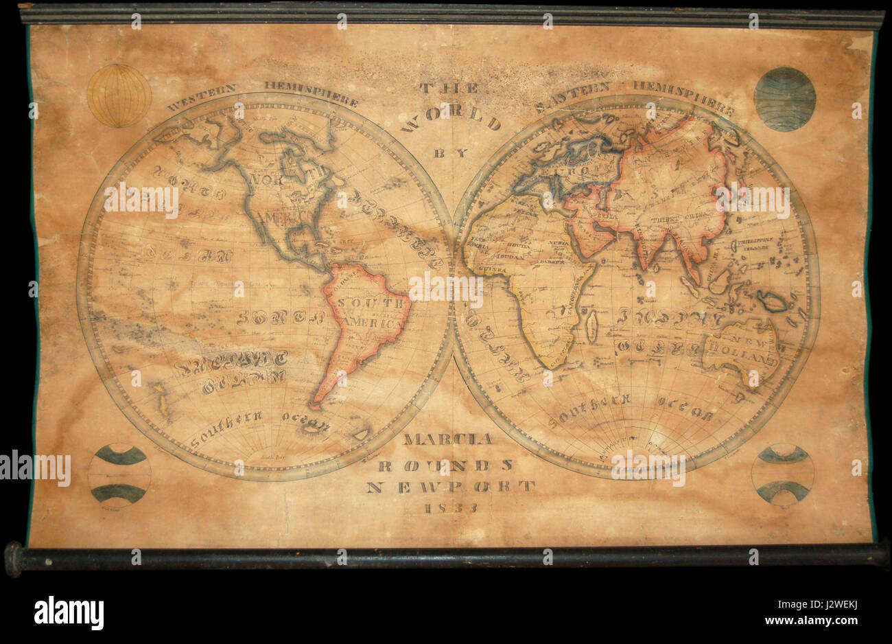 1833 Schule Mädchen Manuskript Wandkarte der Welt auf Hemisphäre Projektion (Marcia Runden von Newport - Geographicus - Welt-runden-1833 Stockfoto