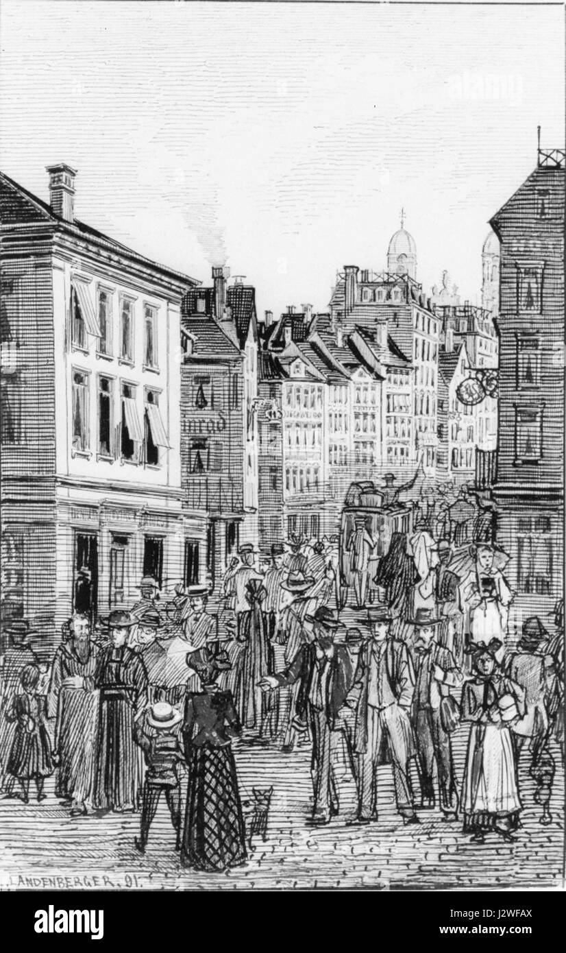 1891 Hauptstraße, belebt ist eine Zeichnung von Laurenz Landenberger, die eine lebhafte Szene auf der Hauptstraße einer Stadt aus dem Jahr 1891 darstellt. Das Kunstwerk fängt das tägliche Leben und die urbane Atmosphäre dieser Zeit ein. Stockfoto