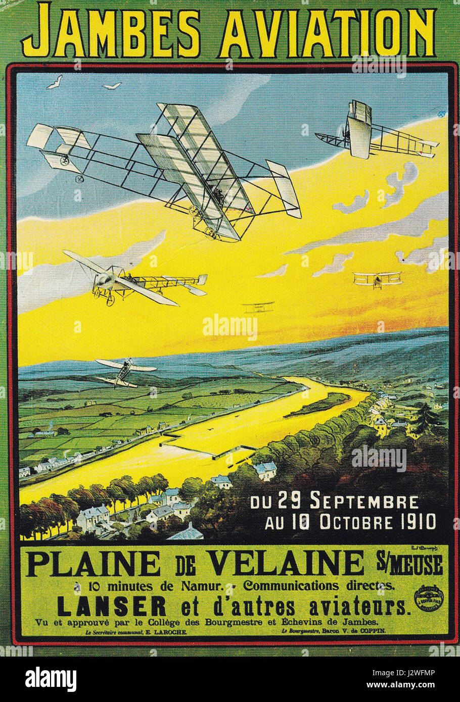 Ein Poster für „Jambes Aviation“ aus dem Jahr 1910, auf dem die Luftfahrtkultur und -Bilder des frühen 20. Jahrhunderts dargestellt werden. Stockfoto