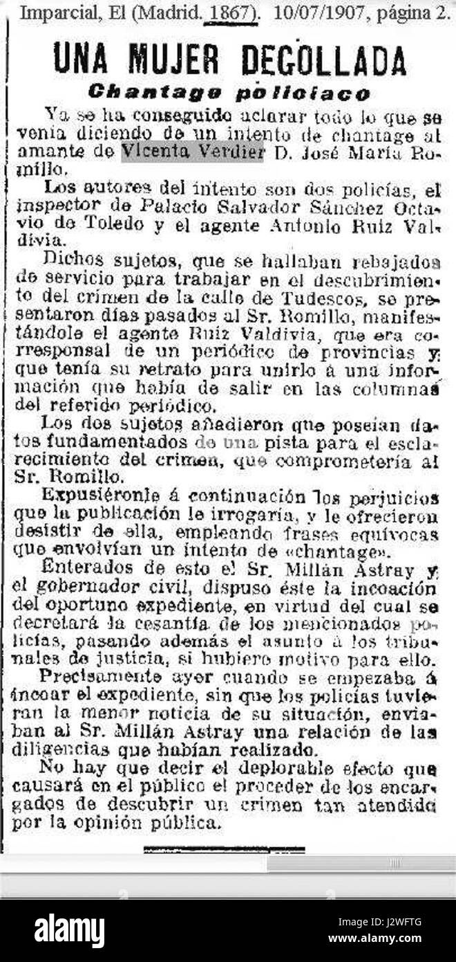 1907-07-10-Imparcial-una-mujer-Degollada-chantage-policiaco Stockfoto