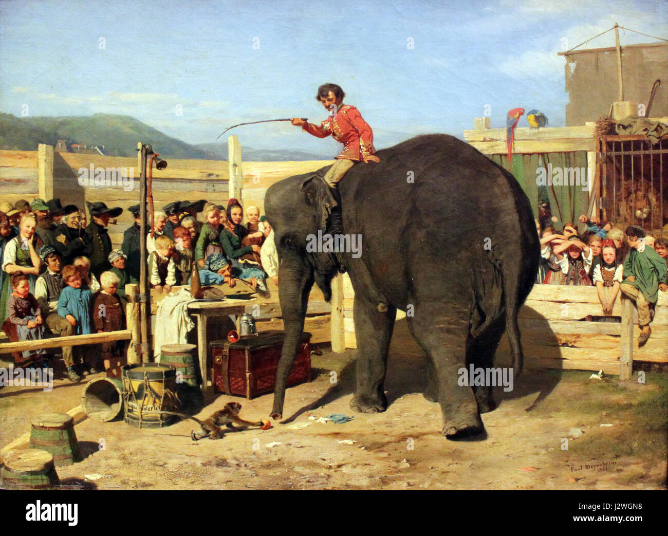 Dieser Titel bezieht sich wahrscheinlich auf eine Zirkusaufführung, die Meyerheim 1861 darstellte und eine populäre Unterhaltungsform des 19. Jahrhunderts darstellt. Stockfoto