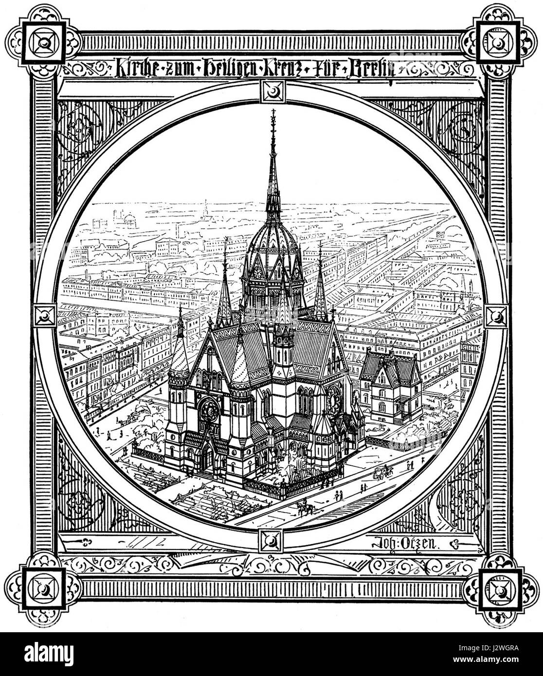 Die Heilig-Kreuz-Kirche wurde 1885 von Johannes Otzen entworfen. Diese Kirche in Berlin ist bekannt für ihre neogotische Architektur und ihre kulturelle Bedeutung für die Stadt. Der Entwurf von Otzen trug zur architektonischen Landschaft des Berlins Ende des 19. Jahrhunderts bei. Stockfoto