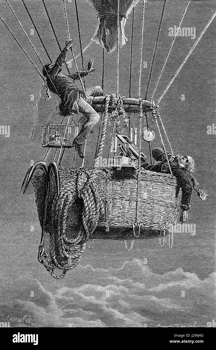 Der Ballonaufstieg 1862 durch James Glaisher und Henry Coxwell, der einen Weltrekord für die Höhe stellte, wie in historischen Aufzeichnungen dokumentiert. Stockfoto