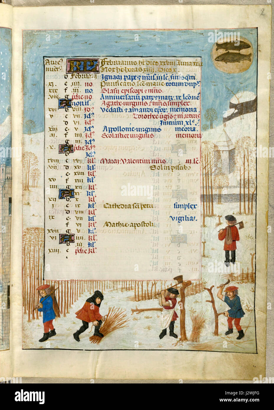 Diese Seite enthält zusätzliche Details aus einem Kalender (18851, f. 2), speziell für den Monat Februar. Sie kann wichtige Datumsangaben oder historische Referenzen enthalten, die sich auf die Erstellung oder den Kontext des Kalenders beziehen. Stockfoto