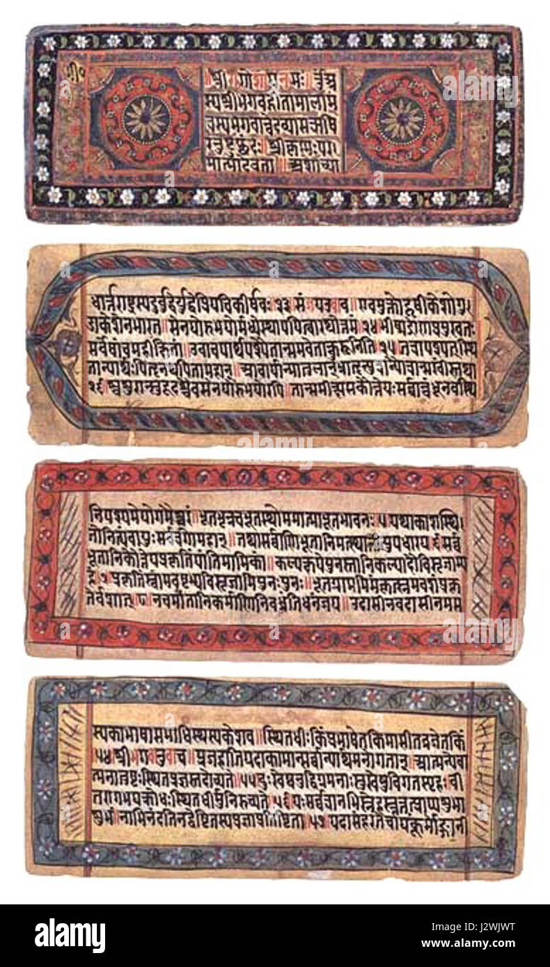Dieser Titel bezieht sich auf ein Manuskript der Bhagavad Gita aus dem 19. Jahrhundert, einer heiligen Hinduschrift. Das Manuskript bietet Einblicke in die spirituellen Lehren des Textes, einen Dialog zwischen Prinz Arjuna und dem Gott Krishna, in dem es um Pflicht, Gerechtigkeit und die Natur des Lebens geht. Stockfoto