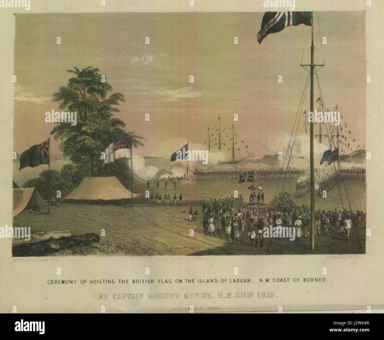 Dieses Ereignis ist die historische Zeremonie, bei der die britische Flagge auf der Insel Labuan vor der Nordwestküste von Borneo gehisst wird. Die Zeremonie ist bedeutend in der Geschichte des britischen Kolonialismus in Südostasien. Stockfoto